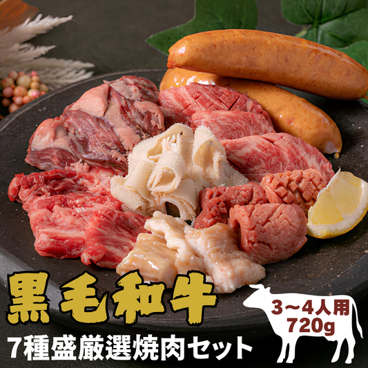 【Aセット 7種盛】厳選焼肉セット （バラ ハラミ ミスジ タンシマチョウ  イベリコ豚ソーセージ) <3〜4人前 720g>